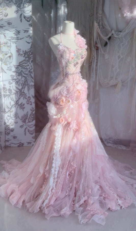 Princess Mermaid Halter Pink Lace Long Prom Dresses Impress 20th Birthday Outfits Prom Gown RB1671