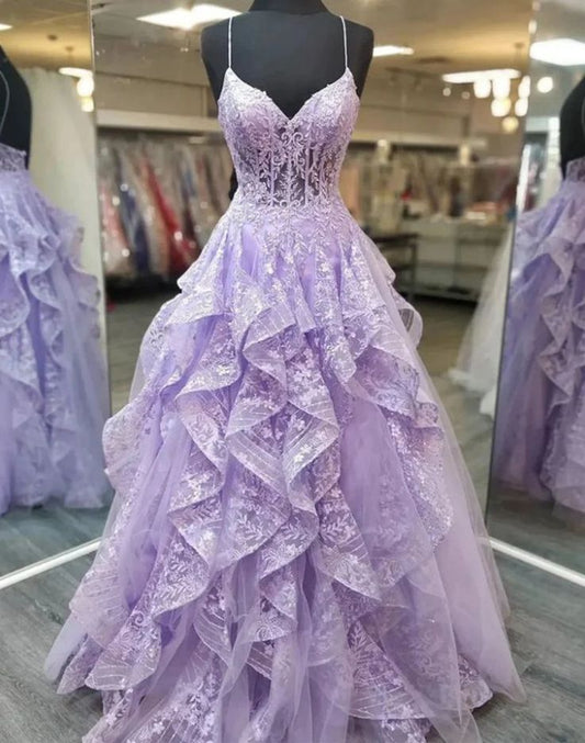 Princess Ball Gown Spaghetti Straps Lilac Lace Prom Dresses Impress Sweet 16 Birthday Outfits Prom Gown RB1672