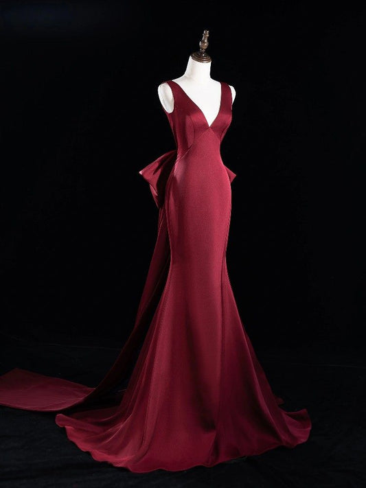 Simple Mermaid V Neck Burgundy Long Prom Dresses For Teens Formal Dress Birthday Outfits Prom Gown RB1681