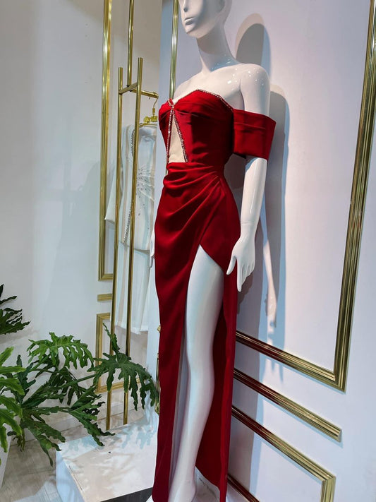 Charming Mermaid Off The Shoulder Red Satin Slit Prom Dresses Long Party Dress 21st Birthday Outfits Graduation Dress RB1684