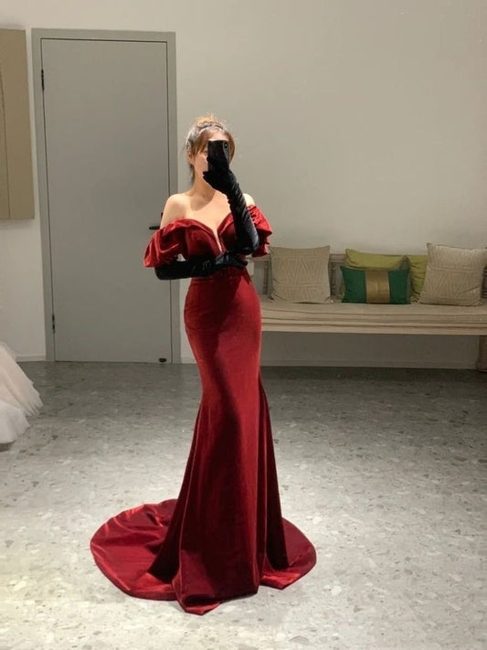 Cute Mermaid Off The Shoulder Red Velvet Prom Dresses Long Party Dress 21st Birthday Outfits Graduation Dress RB1685