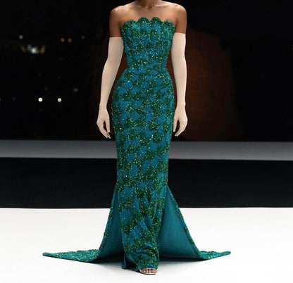 Sexy Mermaid Strapless Green Sequins Long Prom Dresses For Teens Formal Dress Birthday Outfits Prom Gown RB1689