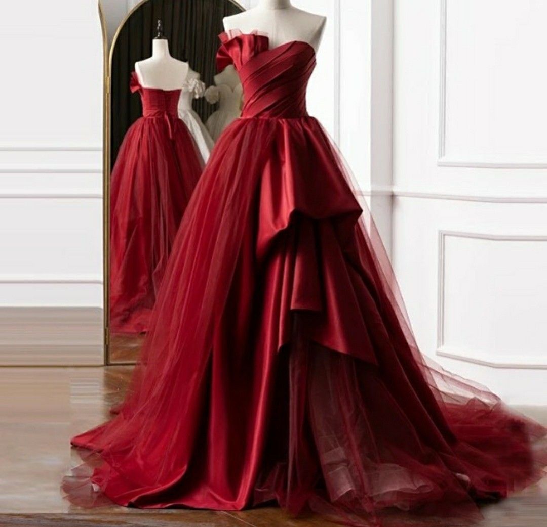 Princess Ball Gown Strapless Red Long Prom Dresses Impress 16 Birthday Outfits Prom Gown RB1690