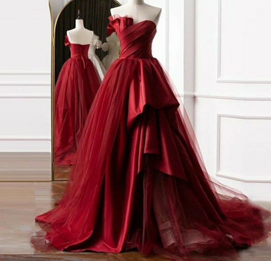 Princess Ball Gown Strapless Red Long Prom Dresses Impress 16 Birthday Outfits Prom Gown RB1690