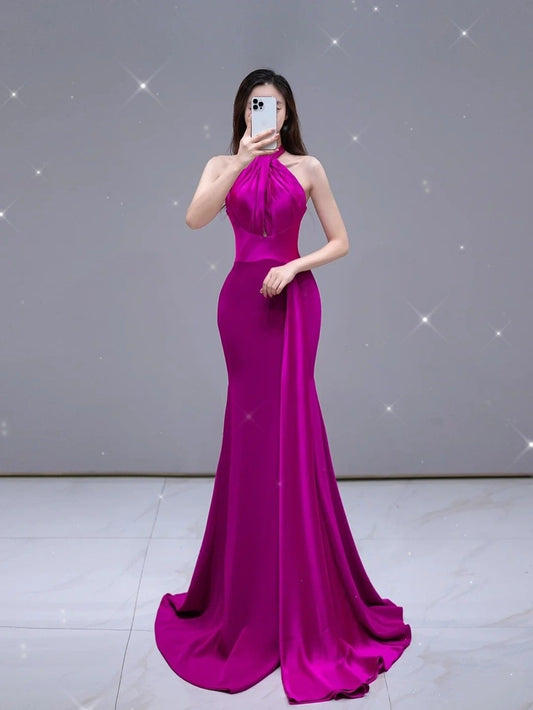 Sexy Mermaid High Neck Fuchsia Satin Long Prom Dresses For Teens Formal Dress Birthday Outfits Prom Gown RB1691