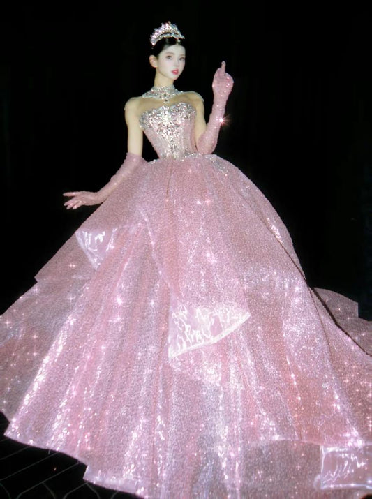 Princess Ball Gown Strapless Pink Sequin Long Prom Dresses Impress 16 Birthday Outfits Prom Gown RB1695
