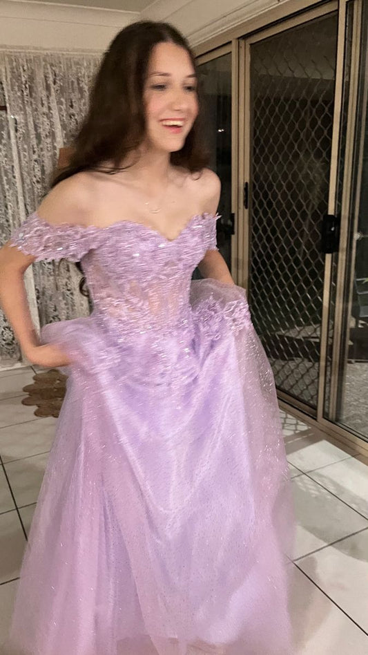 Modest A line Off The Shoulder Lilac Sequin Prom Dresses Long Party Dress 21st Birthday Outfits Graduation Dress RB1696