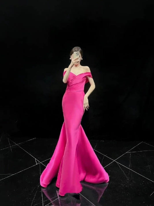 Modest Mermaid Off The Shoulder Hot Pink Prom Dresses Long Party Dress 18th Birthday Outfits Graduation Dress RB1701