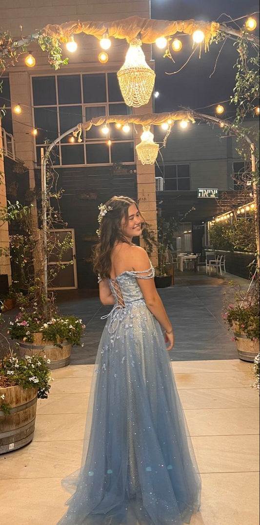 Chic A Line Straps Blue Tulle Long Prom Dresses Formal Dress Birthday Outfits Prom Gown RB1707