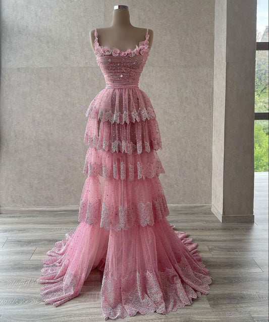 Chic Ball Gown Spaghetti Straps Pink Floor Length Prom Dresses Formal Dress Birthday Outfits Prom Gown RB1710