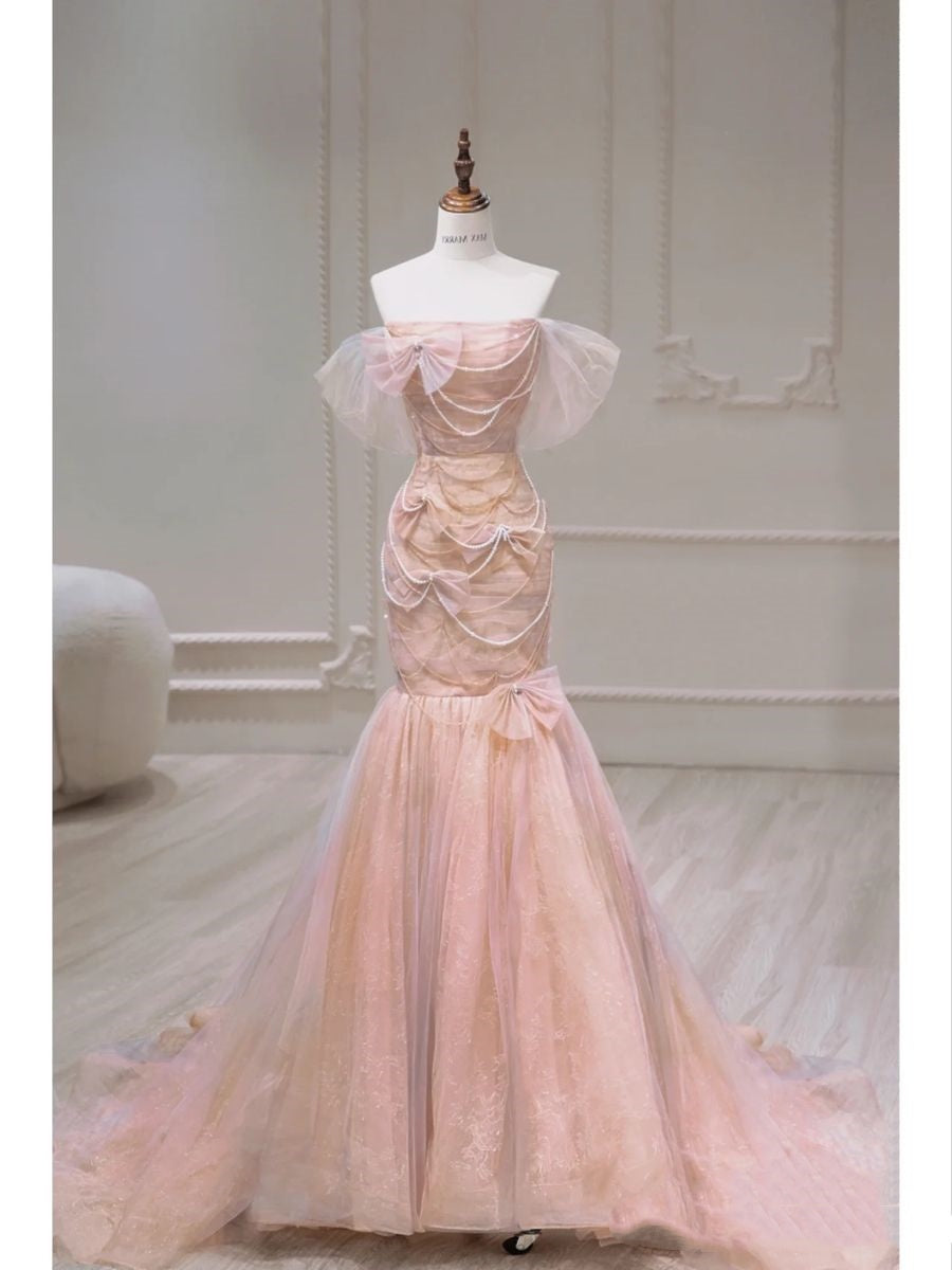 Modest Mermaid Off The Shoulder Blush Pink Tulle Prom Dresses Long Party Dress 21st Birthday Outfits Graduation Dress RB1715