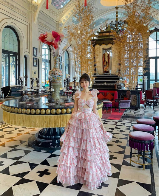 Chic Ball Gown Straps Floral Pink Floor Length Prom Dresses Formal Dress Birthday Outfits Prom Gown RB1717