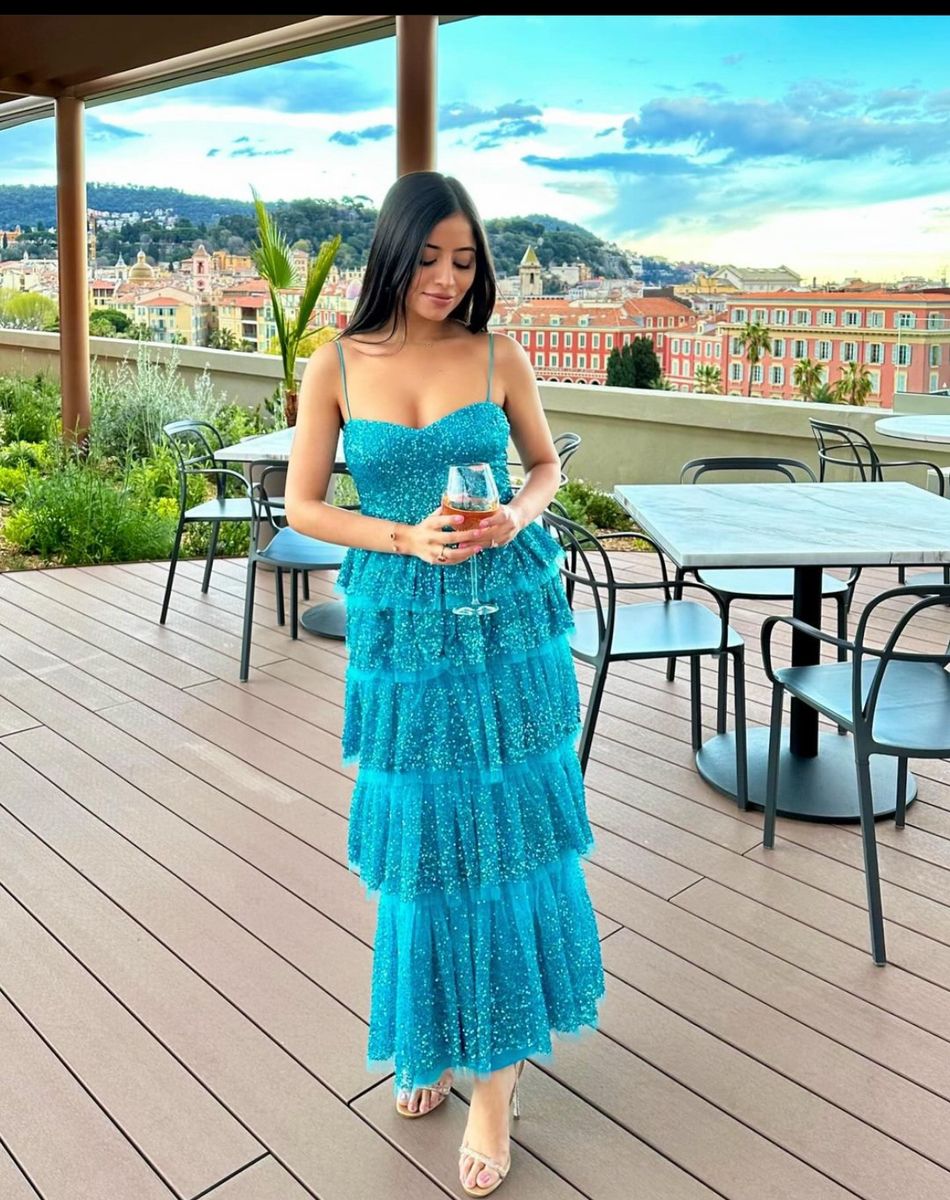 Modest Ball Gown Spaghetti Straps Blue Tulle Prom Dresses Party Dress 16th Birthday Outfits Graduation Dress RB1723