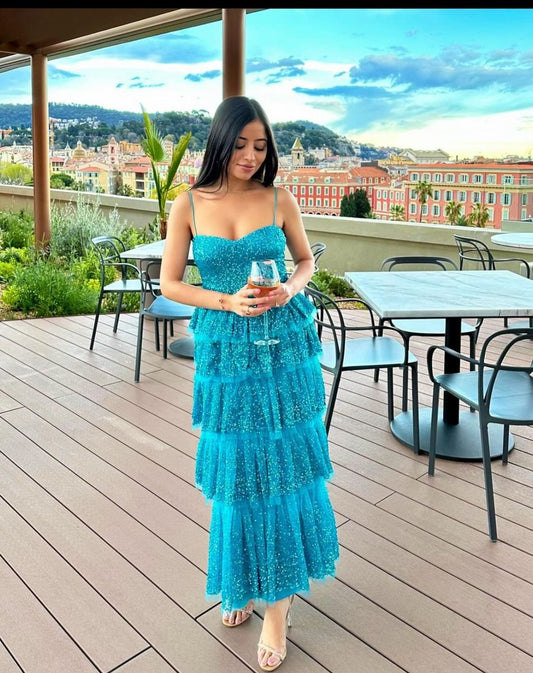 Modest Ball Gown Spaghetti Straps Blue Tulle Prom Dresses Party Dress 16th Birthday Outfits Graduation Dress RB1723