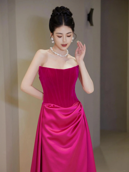 Pretty Sheath Strapless Fuchsia Senior Aesthetic Prom Dresses Satin Prom Gowns Formal Outfits Graduation Dress RB1767
