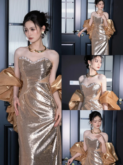 Shinning Mermaid Sweetheart Sequin Gold Prom Dresses Formal Dress 18th Birthday Outfits Prom Gown RB1779
