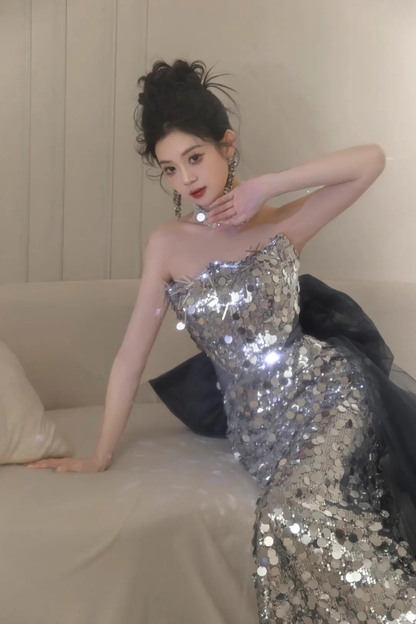 Shinning Mermaid Strapless Sequin Silver Prom Dresses Formal Dress 18th Birthday Outfits Prom Gown RB1780