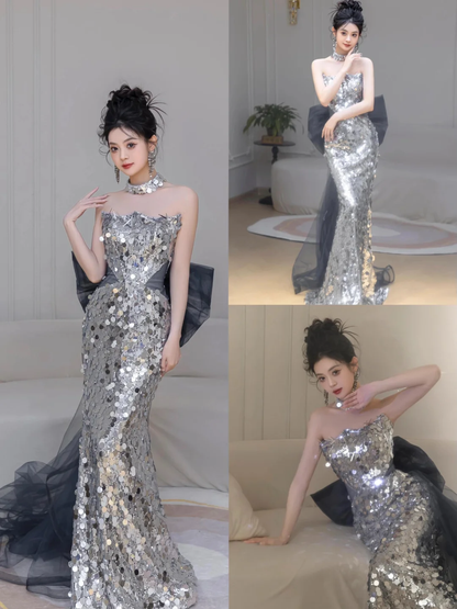 Shinning Mermaid Strapless Sequin Silver Prom Dresses Formal Dress 18th Birthday Outfits Prom Gown RB1780