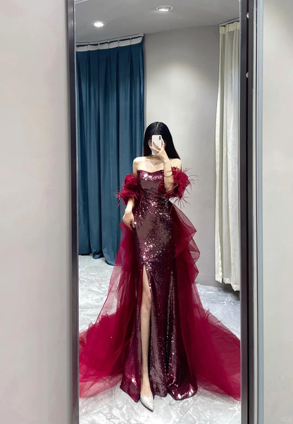 Shinning Mermaid Strapless Sequin Burgundy Slit Prom Dresses Formal Dress 18th Birthday Outfits Prom Gown RB1781