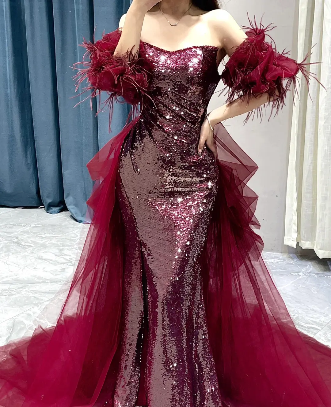 Shinning Mermaid Strapless Sequin Burgundy Slit Prom Dresses Formal Dress 18th Birthday Outfits Prom Gown RB1781
