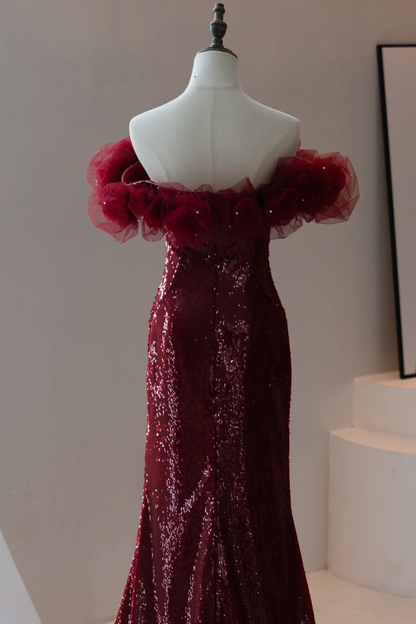 Classy Mermaid Off The Shoulder Burgundy Sequin Prom Dresses Formal Dress 18th Birthday Outfits Prom Gown RB1784