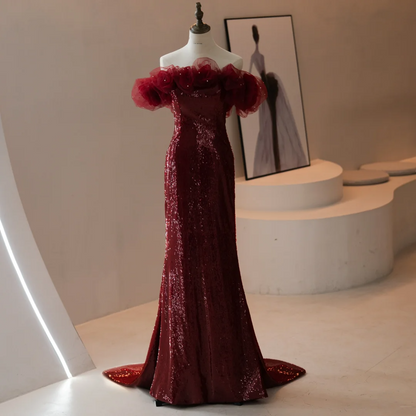 Classy Mermaid Off The Shoulder Burgundy Sequin Prom Dresses Formal Dress 18th Birthday Outfits Prom Gown RB1784