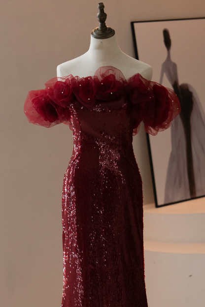 Classy Mermaid Off The Shoulder Burgundy Sequin Prom Dresses Formal Dress 18th Birthday Outfits Prom Gown RB1784