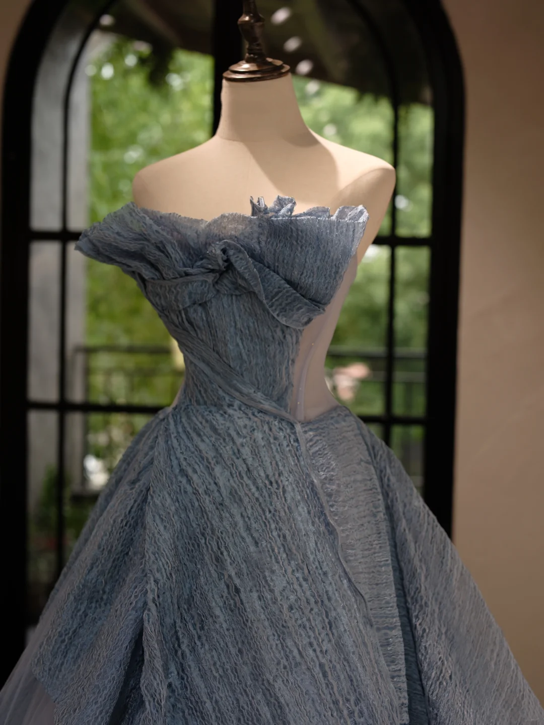 Charming Ball Gown Strapless Dusty Blue Tulle Pleated Long Quinceanera Dress Sweet 15 16 Dresses RB1797