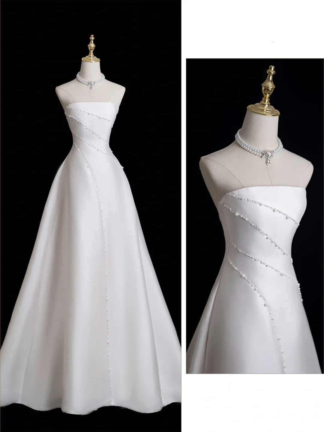 Vintage Ball Gown Strapless Sleeveless Satin Fitted Long Wedding Dress Bride Gown Wedding Dresses RB1846