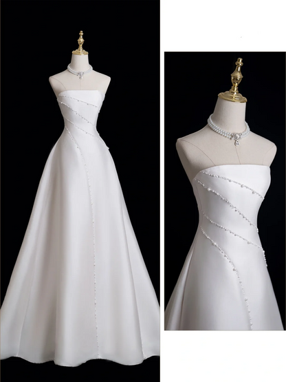 Vintage Ball Gown Strapless Sleeveless Satin Fitted Long Wedding Dress Bride Gown Wedding Dresses RB1846