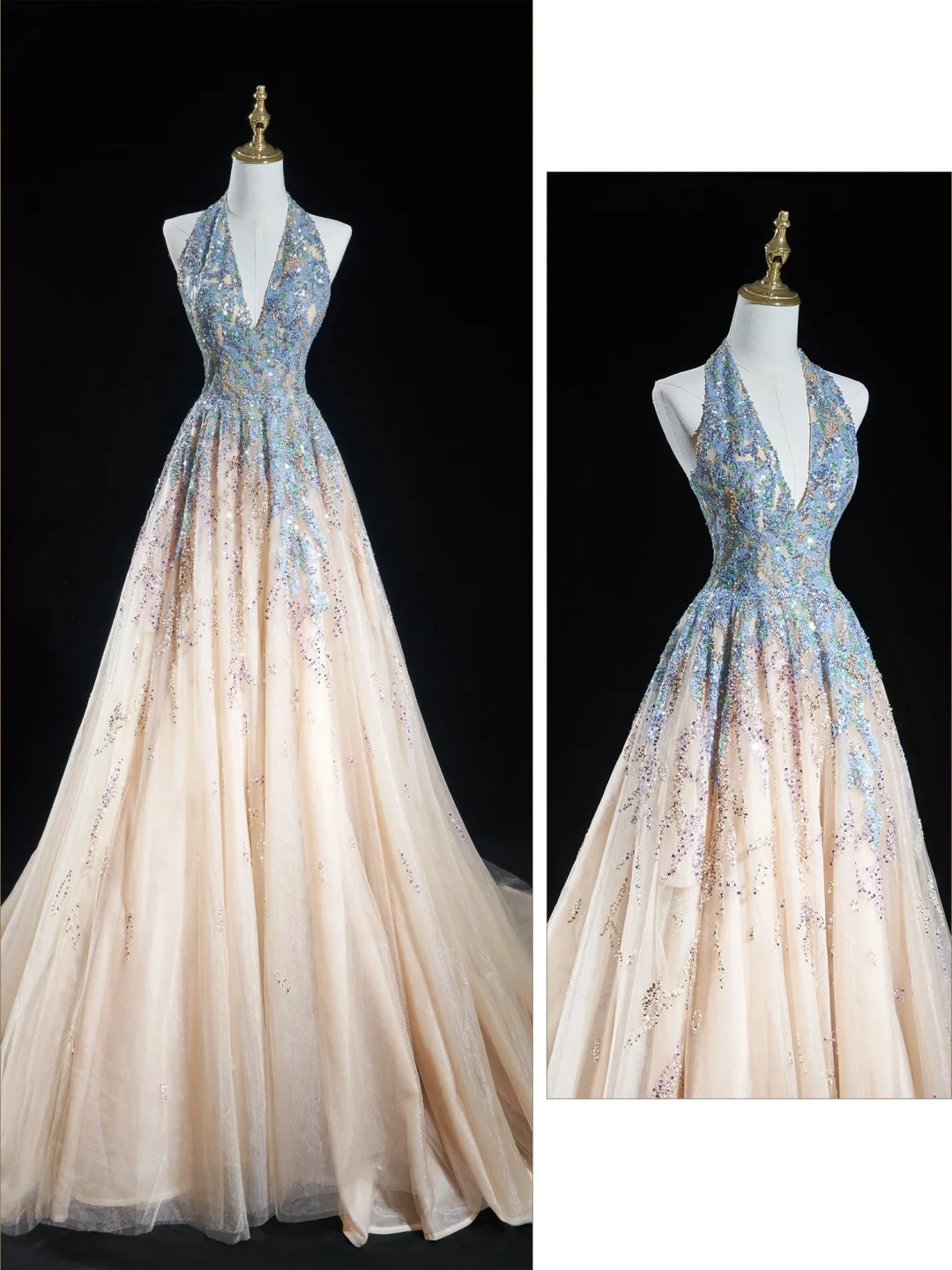 Timeless Ball Gown Halter Neck Champagne Blue Sequin Long Prom Dresses For Teens Formal Dress Birthday Outfits Prom Gown RB1848