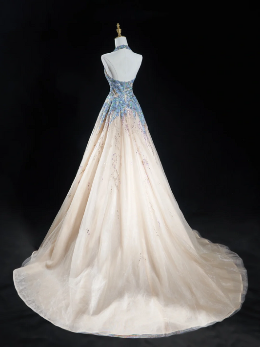 Timeless Ball Gown Halter Neck Champagne Blue Sequin Long Prom Dresses For Teens Formal Dress Birthday Outfits Prom Gown RB1848
