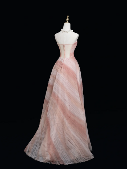 Timeless Ball Gown Strapless Pink Tulle Beaded Long Prom Dresses For Teens Formal Dress Birthday Outfits Prom Gown RB1849