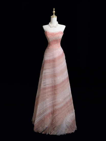 Timeless Ball Gown Strapless Pink Tulle Beaded Long Prom Dresses For Teens Formal Dress Birthday Outfits Prom Gown RB1849