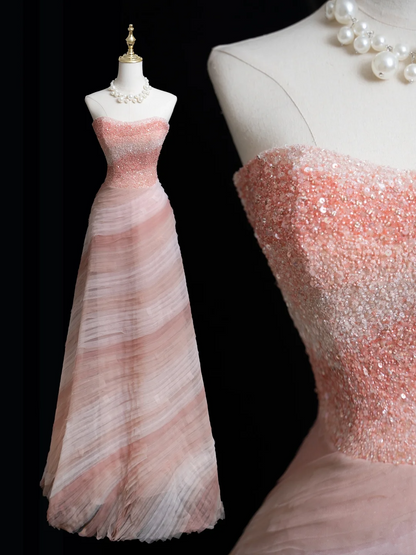 Timeless Ball Gown Strapless Pink Tulle Beaded Long Prom Dresses For Teens Formal Dress Birthday Outfits Prom Gown RB1849