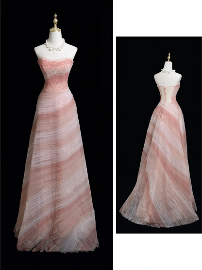 Timeless Ball Gown Strapless Pink Tulle Beaded Long Prom Dresses For Teens Formal Dress Birthday Outfits Prom Gown RB1849