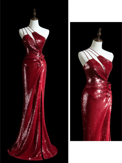 Sparkle Mermaid One Shoulder Burgundy Sequin Long Prom Dresses Impress 18th Birthday Outfits Prom Gown RB1850