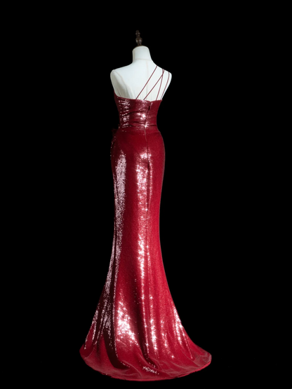 Sparkle Mermaid One Shoulder Burgundy Sequin Long Prom Dresses Impress 18th Birthday Outfits Prom Gown RB1850