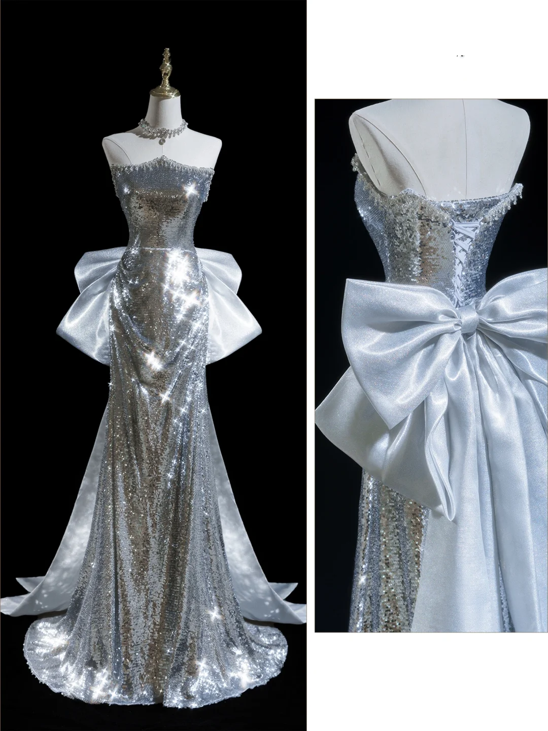 Glitter Mermaid Strapless Sequin Silver Long Prom Dresses For Teens Formal Dress Birthday Outfits Prom Gown RB1851