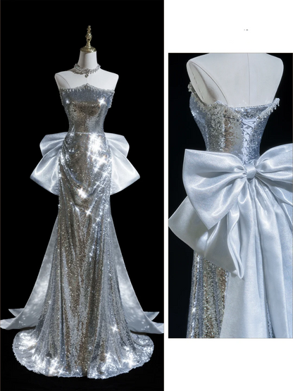 Glitter Mermaid Strapless Sequin Silver Long Prom Dresses For Teens Formal Dress Birthday Outfits Prom Gown RB1851
