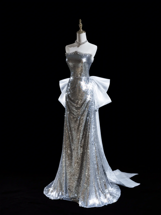 Glitter Mermaid Strapless Sequin Silver Long Prom Dresses For Teens Formal Dress Birthday Outfits Prom Gown RB1851