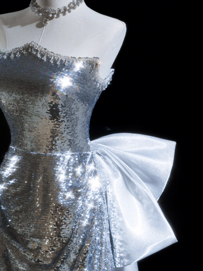Glitter Mermaid Strapless Sequin Silver Long Prom Dresses For Teens Formal Dress Birthday Outfits Prom Gown RB1851