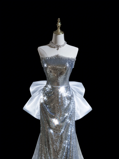 Glitter Mermaid Strapless Sequin Silver Long Prom Dresses For Teens Formal Dress Birthday Outfits Prom Gown RB1851
