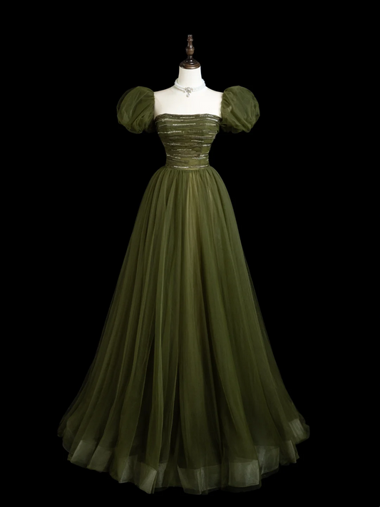 Retro A line Strapless Tulle Olive Green Tulle Long Prom Dresses Impress 18th Birthday Outfits Prom Gown RB1854