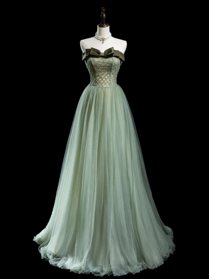 Retro A line Strapless Tulle Light Green Long Prom Dresses Impress 18th Birthday Outfits Prom Gown RB1855