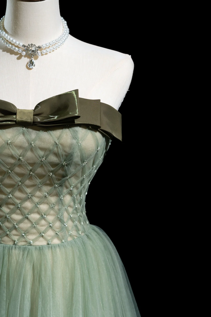 Retro A line Strapless Tulle Light Green Long Prom Dresses Impress 18th Birthday Outfits Prom Gown RB1855