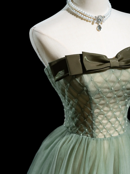 Retro A line Strapless Tulle Light Green Long Prom Dresses Impress 18th Birthday Outfits Prom Gown RB1855