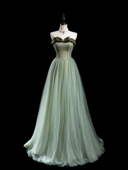 Retro A line Strapless Tulle Light Green Long Prom Dresses Impress 18th Birthday Outfits Prom Gown RB1855