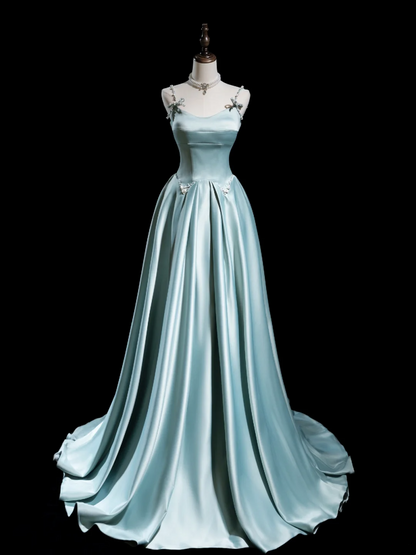 Retro A line Spaghetti Strap Light Sky Blue Satin Long Prom Dresses Impress 18th Birthday Outfits Prom Gown RB1856