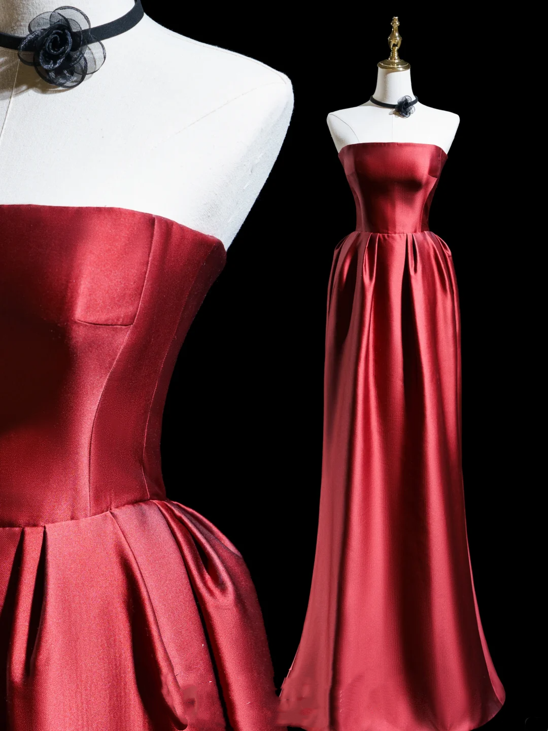 Retro A Line Strapless Burgundy Satin Long Prom Dresses Impress 18th Birthday Outfits Prom Gown RB1864